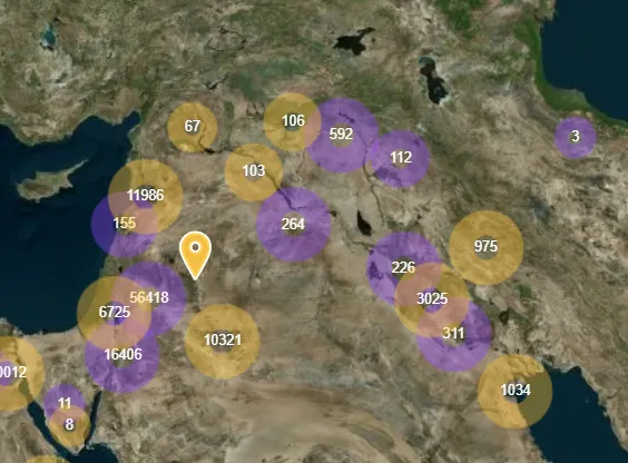 Screenshot showing a map of the Middle East with clustered points