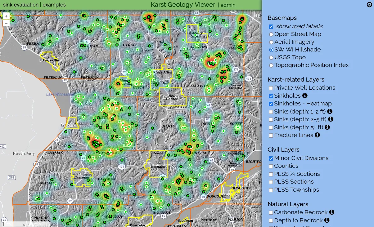 The main page of the karstology application showing a map with sinkholes as green dots.
