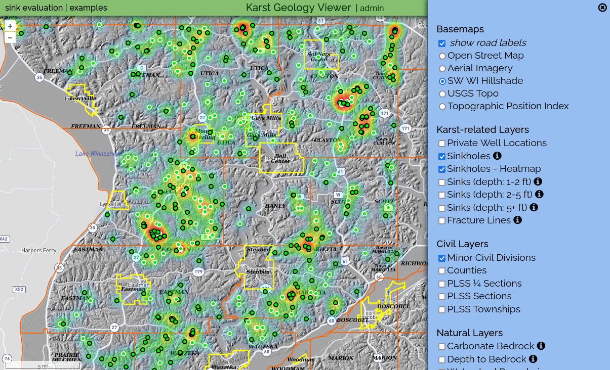 The main page of the karstology application showing a map with sinkholes as green dots.