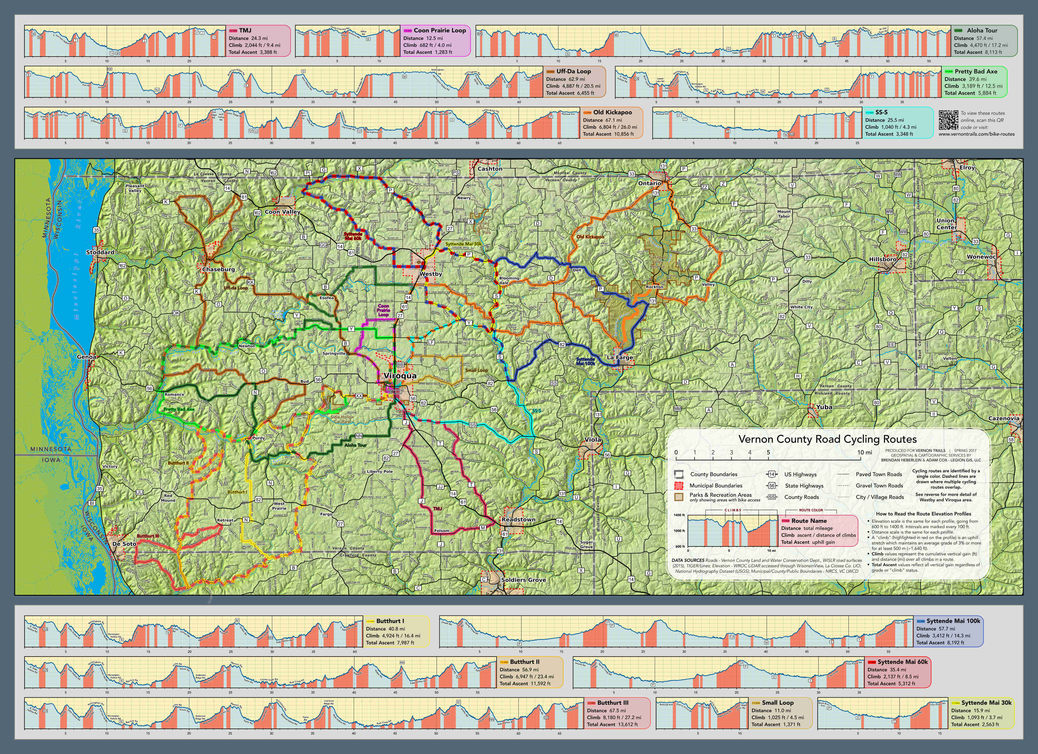 Map of Vernon County, Wisconsin, with bike routes on it.